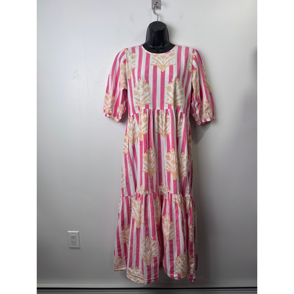 SZ Blockprints Gaia Tiered Midi Dress Pink Stripe Floral Tiered Size Medium